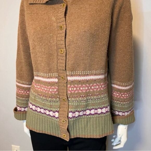 Vintage 90s Knit 100% Shetland Wool Herringbone Cardigan Size 3 - Picture 2 of 7